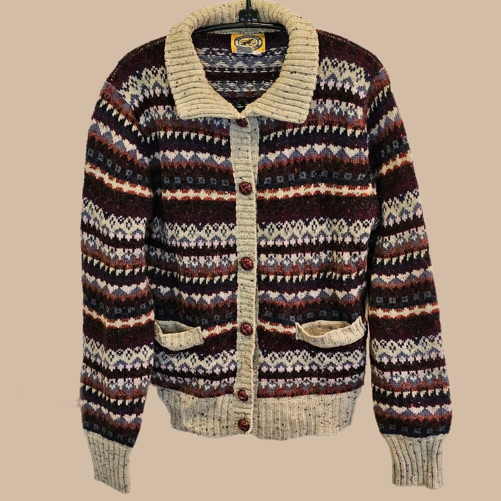 Vintage 80s Tidewater Fair Isle Cardigan Sweater Womens M Pockets Ribbed
